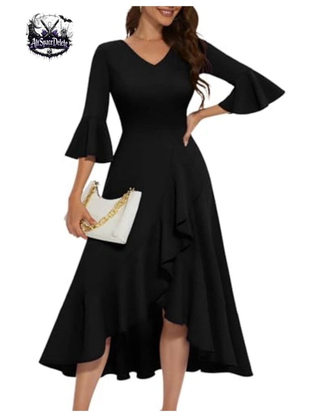 Elegant V-Neck Bell Sleeve A-Line Formal Cocktail Wedding Guest Dress